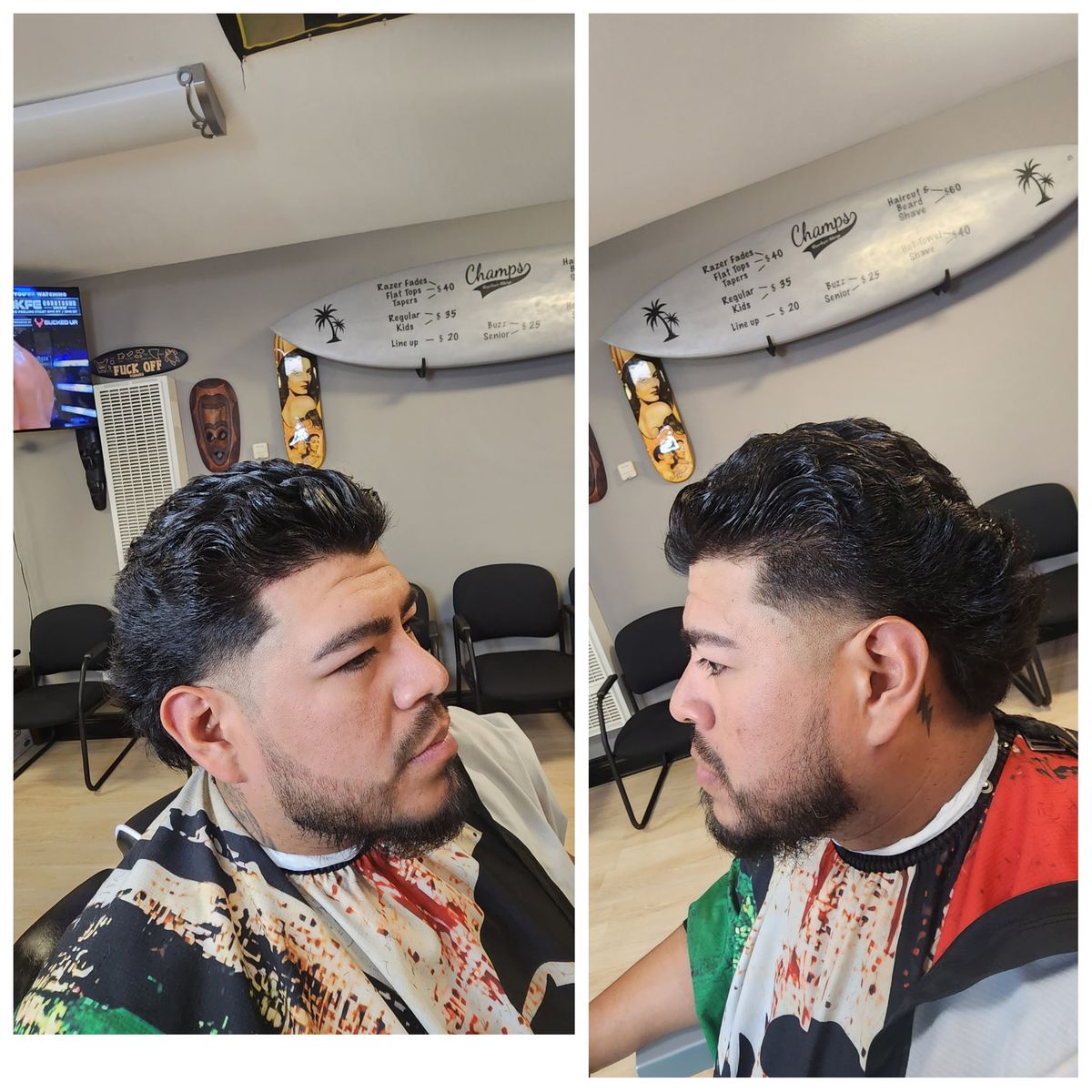 Two angles of a finished fade and beard trim