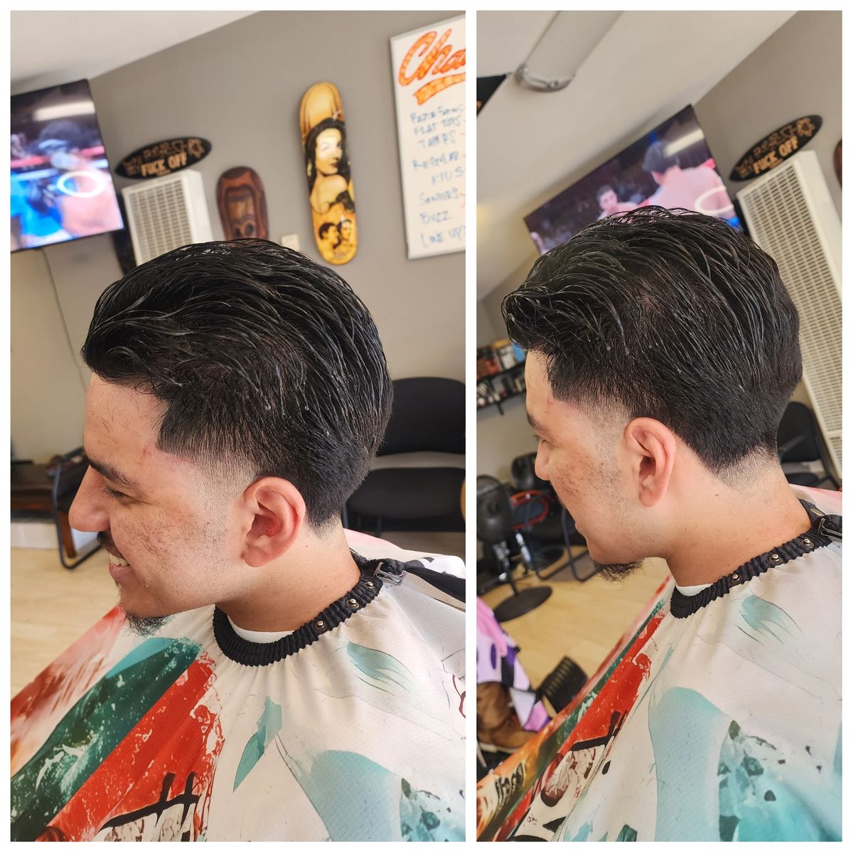 Before and after angles of a fresh haircut at Champ's