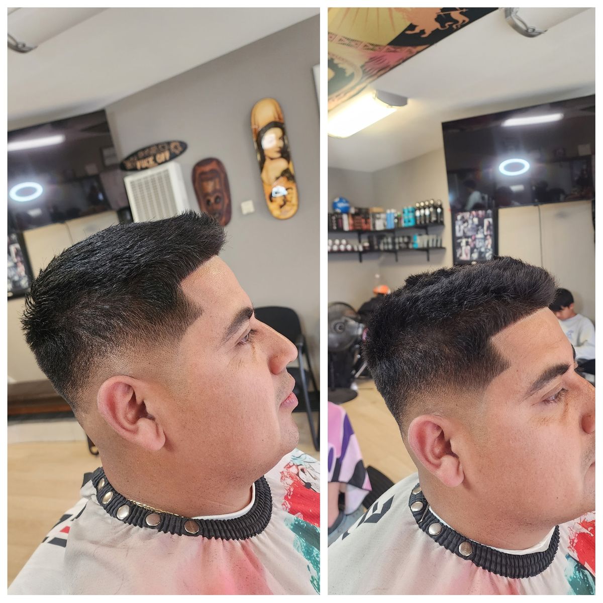 Two views of a finished fade at Champ's Barber Shop